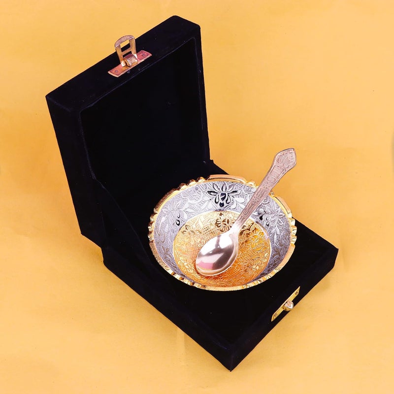 SATVIK STORE SATVIK 1 Set Designer Gold Silver Plated Lotus Flower Dessert Dry Fruits Embossed Serving Bowl With Spoon Set Festive Diwali Pujan Decortive Bhog Bowl Christmas Housewarming Wedding Return Gift Items  - Image 1