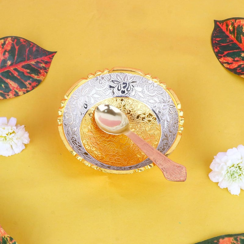 SATVIK STORE SATVIK 1 Set Designer Gold Silver Plated Lotus Flower Dessert Dry Fruits Embossed Serving Bowl With Spoon Set Festive Diwali Pujan Decortive Bhog Bowl Christmas Housewarming Wedding Return Gift Items  - Image 2