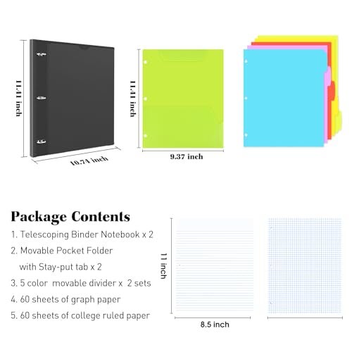 INFUN Allinone Telescoping Binder Notebook 2 PCS Refillable 3 Ring Notebook Binder with 1 Plastic Movable Pocket Folder5 Plastic Subject dividers and Graph Paper and College Ruled Paper Black - Image 3