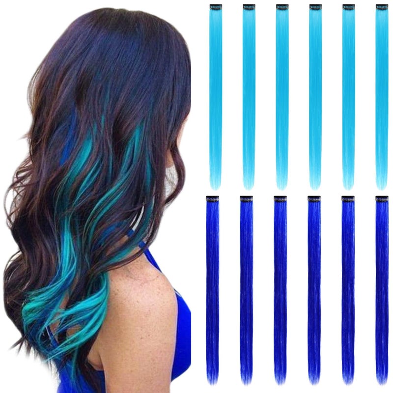 REDMENCO Colored Hair Extensions Clip In 12 Pieces 6 Blue 6 Teal Blue - Image 2