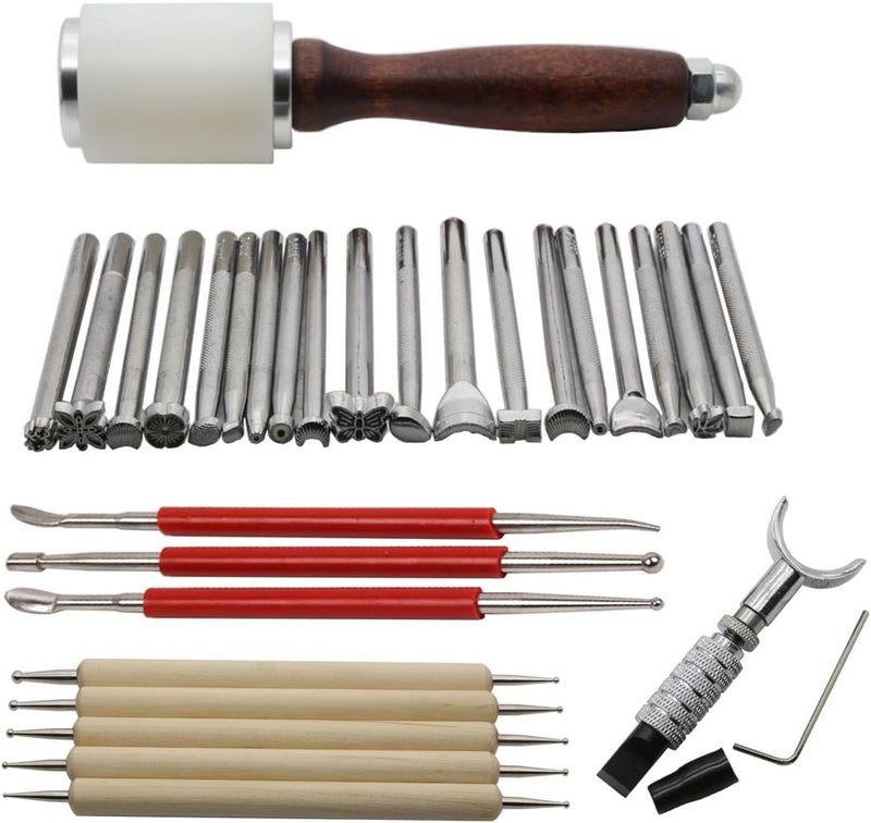 AMPSEVEN 20pcs Leather Carving Leather Stamping Working Saddle Making Tools Set - DIY Hammer Swivel Leather Craft Modelling Pen & Dual Tipped Leather Craft Tool Modeling Point Pen - Image 1
