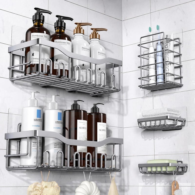 EUDELE 5-Pack Rustproof Stainless Steel Shower Caddy – No Drill Adhesive Bathroom Organizer with Large Capacity, Spacious Shower Shelves for Inside Shower, Kitchen & Home Decor Storage-XL Size - Image 1