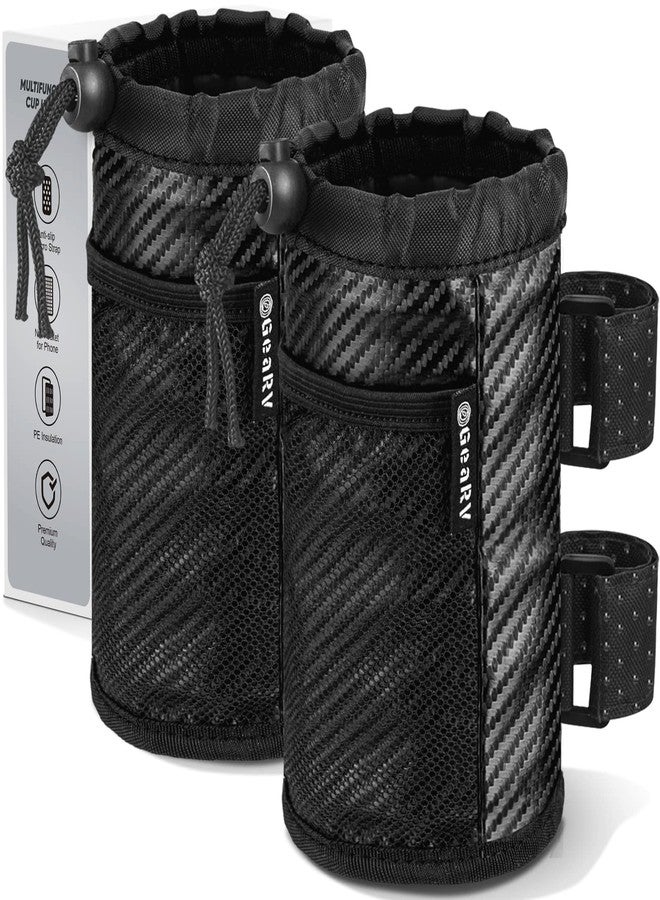 GEARV 2Pack Cup Holder for Bike, Scooter and Wheelchair, Water Bottle Holder for UTV/ATV, Walker, Golf Cart and Beach, Universal Drink Holder Accessories with Net Pocket and Cord Lock (Carbon Fiber) - Image 1