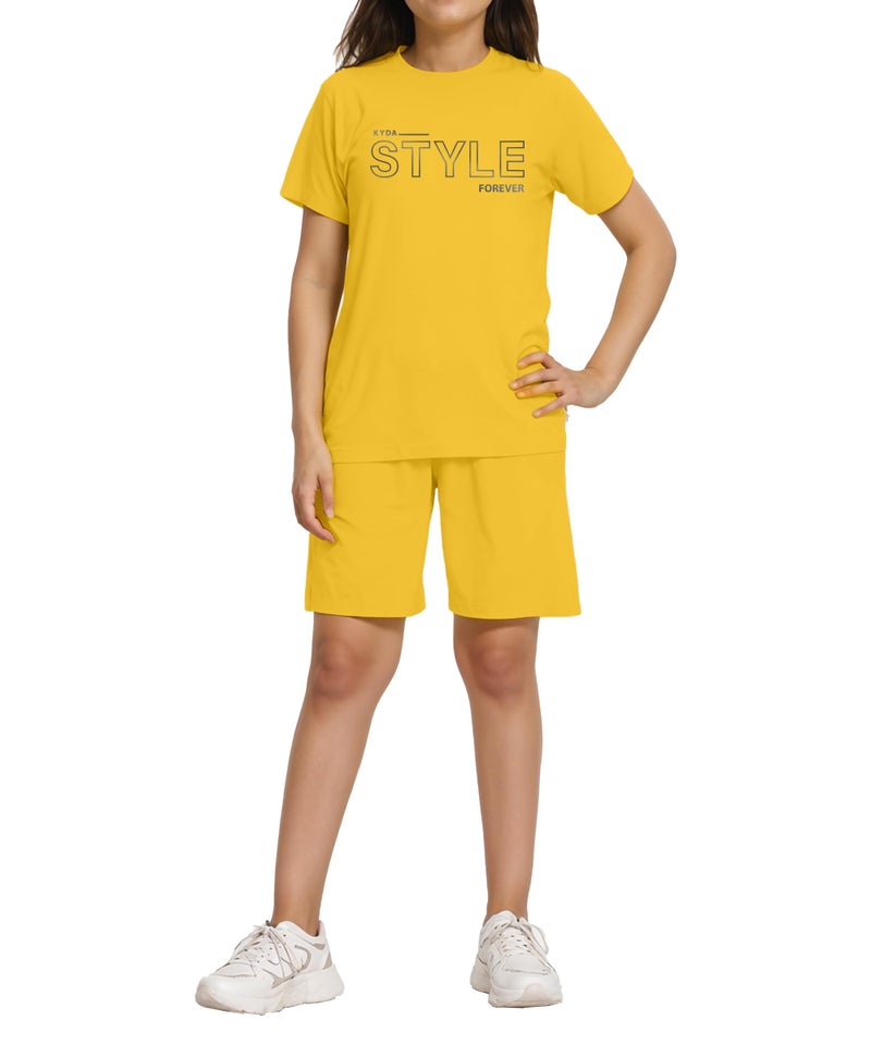 KYDA KIDS® Girls 100% Cotton Bio Washed Printed T-Shirt and Shorts Co-ords Clothing Set | Premium Soft & Breathable Summer Casual Comfort Outfit for Girls - Image 1