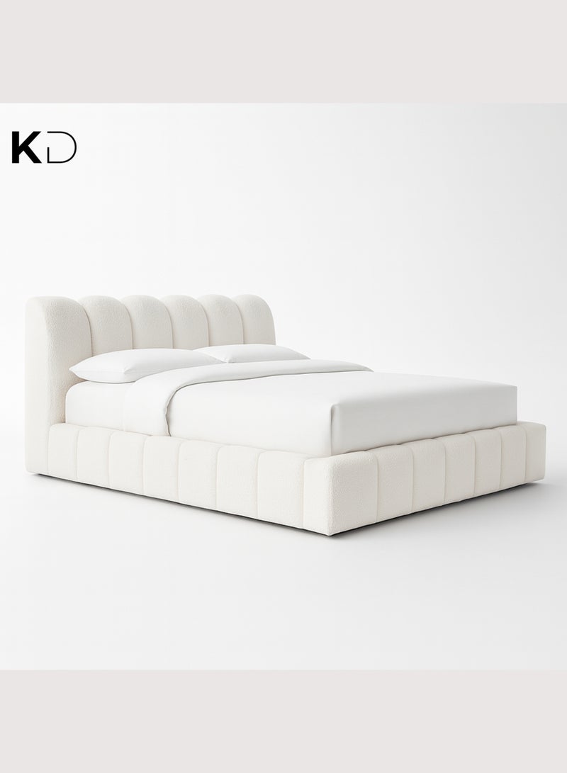 KustomDeco Luxury Bouclé Upholstered Bed Frame with Channel-Tufted Headboard | Modern Super Queen Size Bed 160x200cm Off White - Image 1