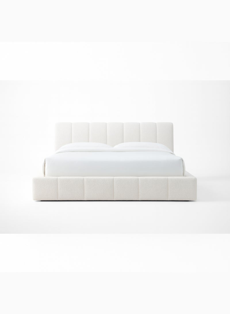 KustomDeco Luxury Bouclé Upholstered Bed Frame with Channel-Tufted Headboard | Modern Super Queen Size Bed 160x200cm Off White - Image 2