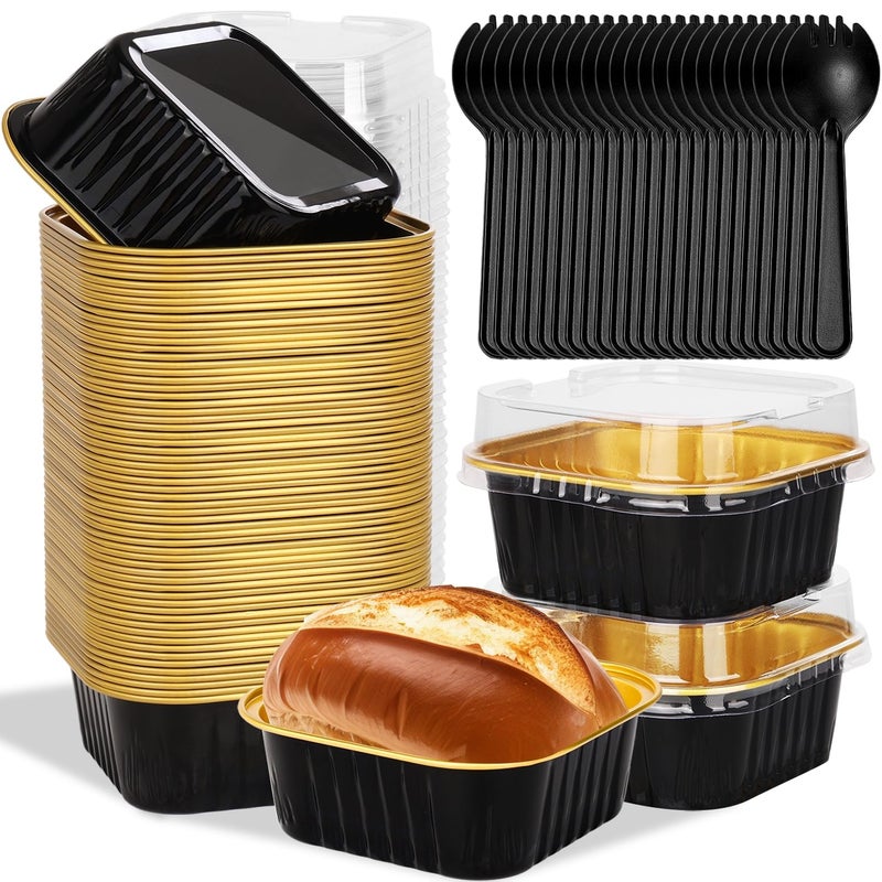 selizo 60 Pack 10oz Mini Disposable Cake Pans with Lids, Aluminum Foil Square Baking Cups, 4.4x4.4 Large Baking Cake Tins Cup Cake Containers with Lids for Individual Cakes, Black - Image 1