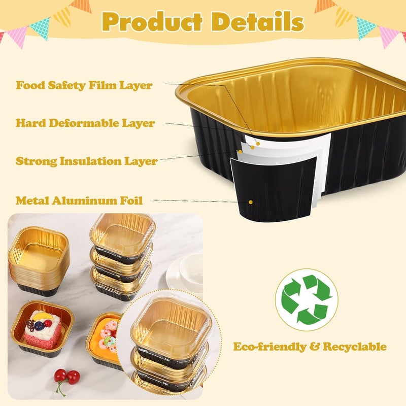 selizo 60 Pack 10oz Mini Disposable Cake Pans with Lids, Aluminum Foil Square Baking Cups, 4.4x4.4 Large Baking Cake Tins Cup Cake Containers with Lids for Individual Cakes, Black - Image 4