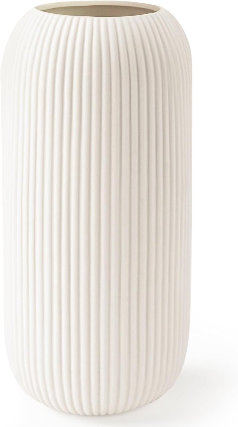 RIKBVOM Ceramic Vase for Flowers – Modern Small Ribbed Textured Flower Vase for Home Decor, Pampas Grass, Decorative, Farmhouse, Coffee Table, Kitchen Centerpieces, Bookshelf and Home Living (White) - Image 1