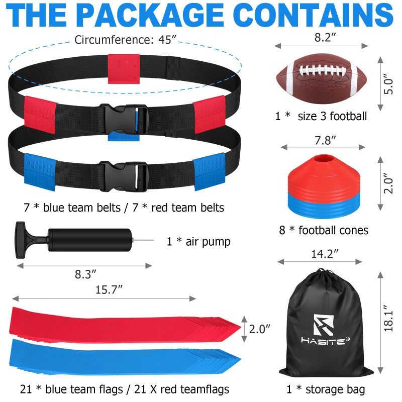 HASITE Flag Football Set, 14 Player Adjustable Flag Football Belts, 42 Flags, 8 Practice Cones, Size 3 Football, Pump and Bag, Perfect for Youth, Adults and Children to Capture The Flag - Image 2
