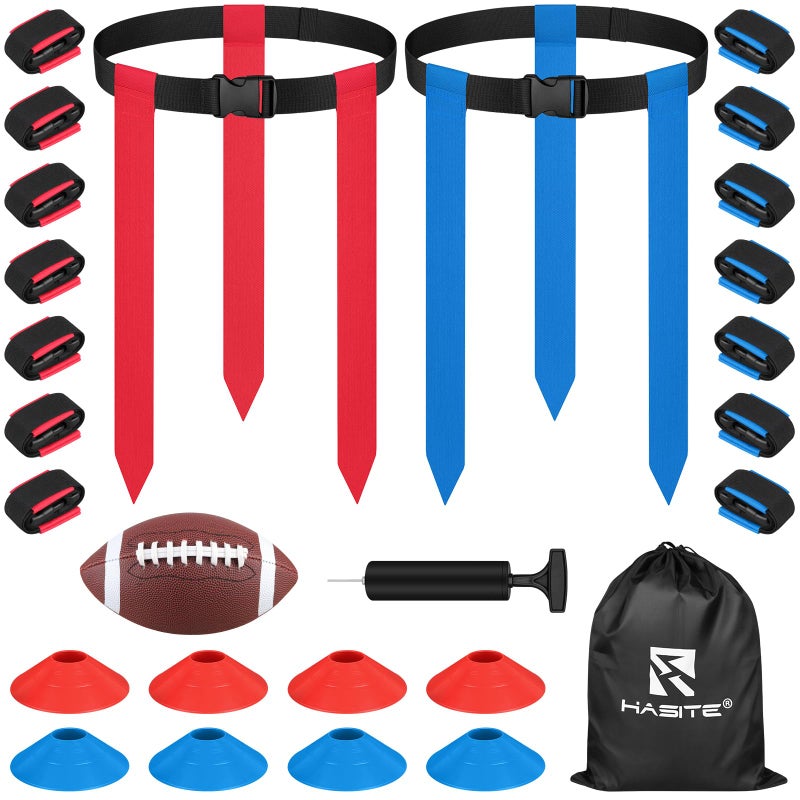 HASITE Flag Football Set, 14 Player Adjustable Flag Football Belts, 42 Flags, 8 Practice Cones, Size 3 Football, Pump and Bag, Perfect for Youth, Adults and Children to Capture The Flag - Image 1