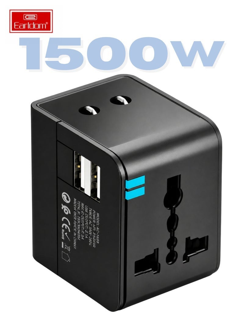 Earldom ES-LC18 Universal Travel Adapter 1500W 6A with Dual USB-A, Black - Image 1