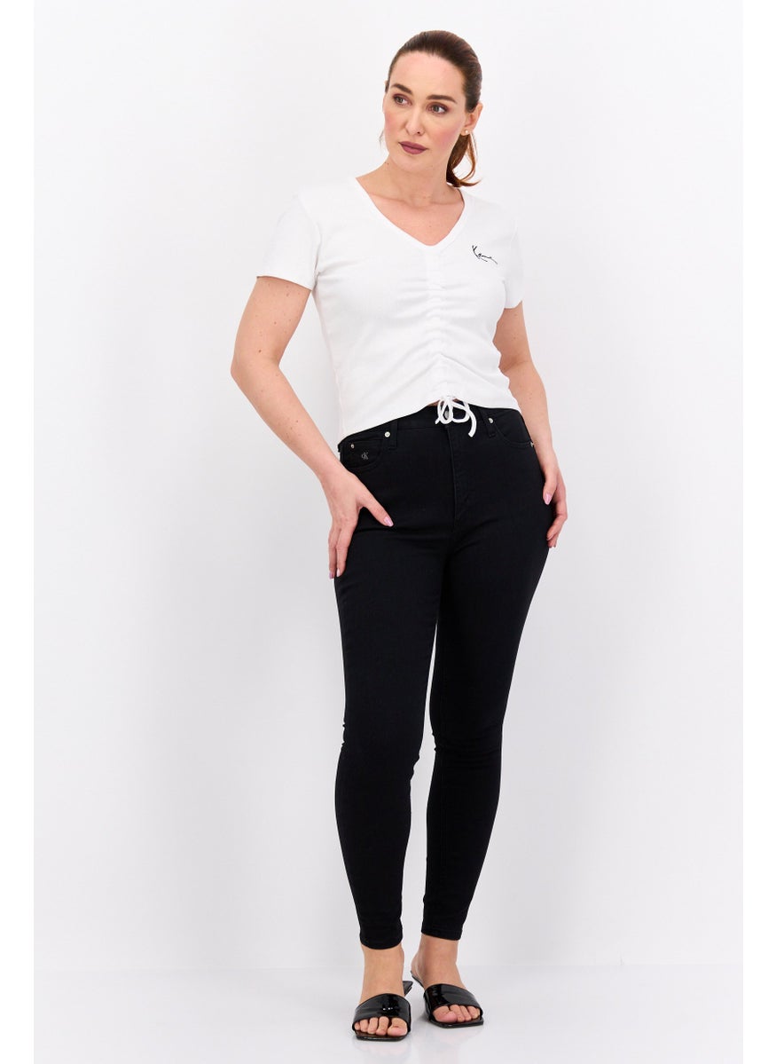 Karl Kani - Women V Neck Short Sleeves Ruched Crop Top, White - Image 1
