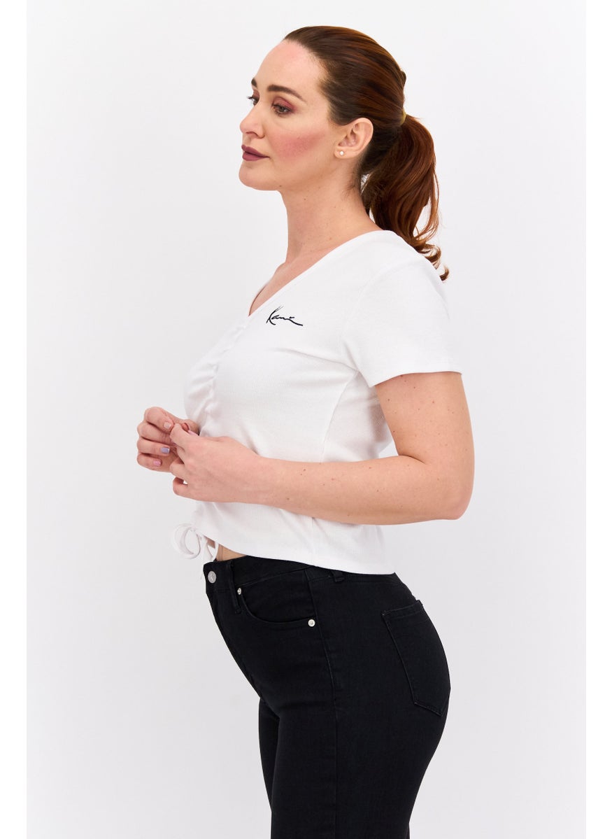Karl Kani - Women V Neck Short Sleeves Ruched Crop Top, White - Image 1