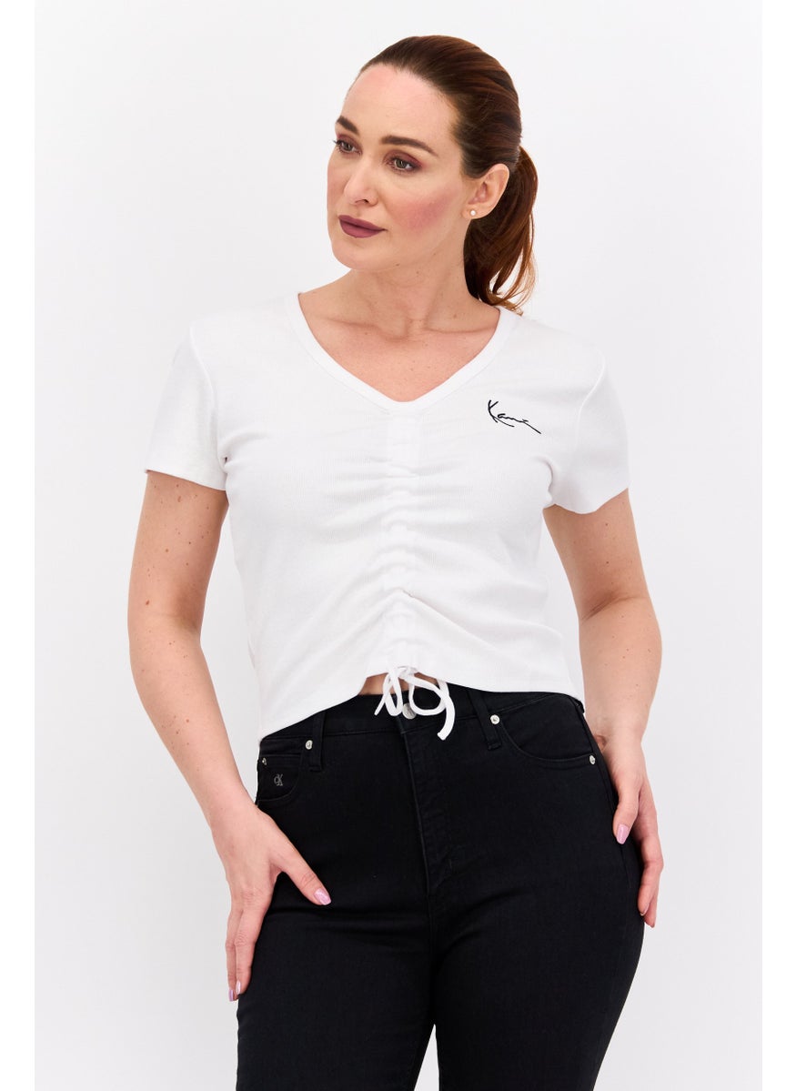 Karl Kani - Women V Neck Short Sleeves Ruched Crop Top, White - Image 1