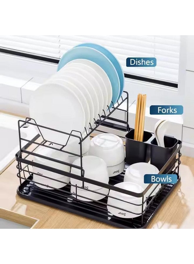 HAKKU Dish Drying Rack 2 - Tier for Kitchen Counter, Dish Drainer with Removable Cutlery Holder & Drainboard, Thickened Metal Materials | No Assembly | Large Capacity | Space Saving (New Black Rack) - Image 5