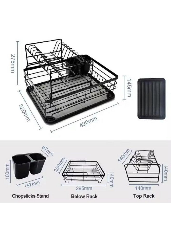 HAKKU Dish Drying Rack 2 - Tier for Kitchen Counter, Dish Drainer with Removable Cutlery Holder & Drainboard, Thickened Metal Materials | No Assembly | Large Capacity | Space Saving (New Black Rack) - Image 2