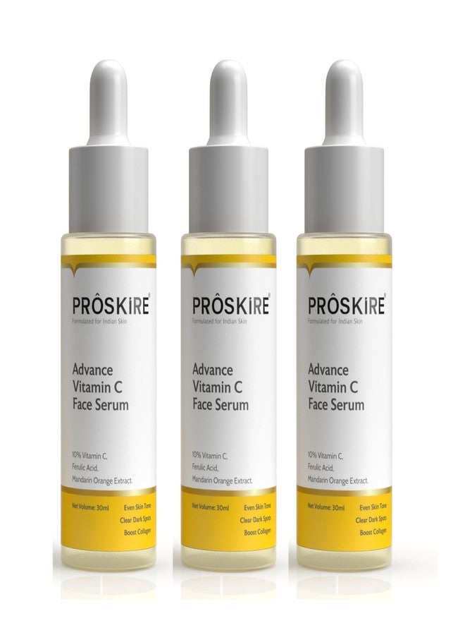 Proskire Vitamin C+ Face Serum 10% with Ferulic & Hyaluronic Acid | Brightening, Dark Spot & Anti-Pigmentation Serum for All Skin Types - 30ml each (Pack of 3) - Image 1