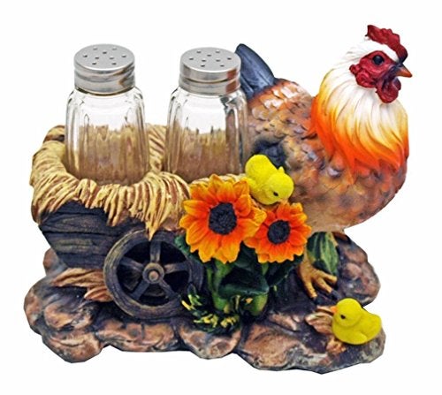 DWK Chicken Spice Holder with Refillable Glass Salt and Pepper Shakers 3 Piece Set Rooster Salt and Pepper Shakers Rustic Kitchen Accessories 65