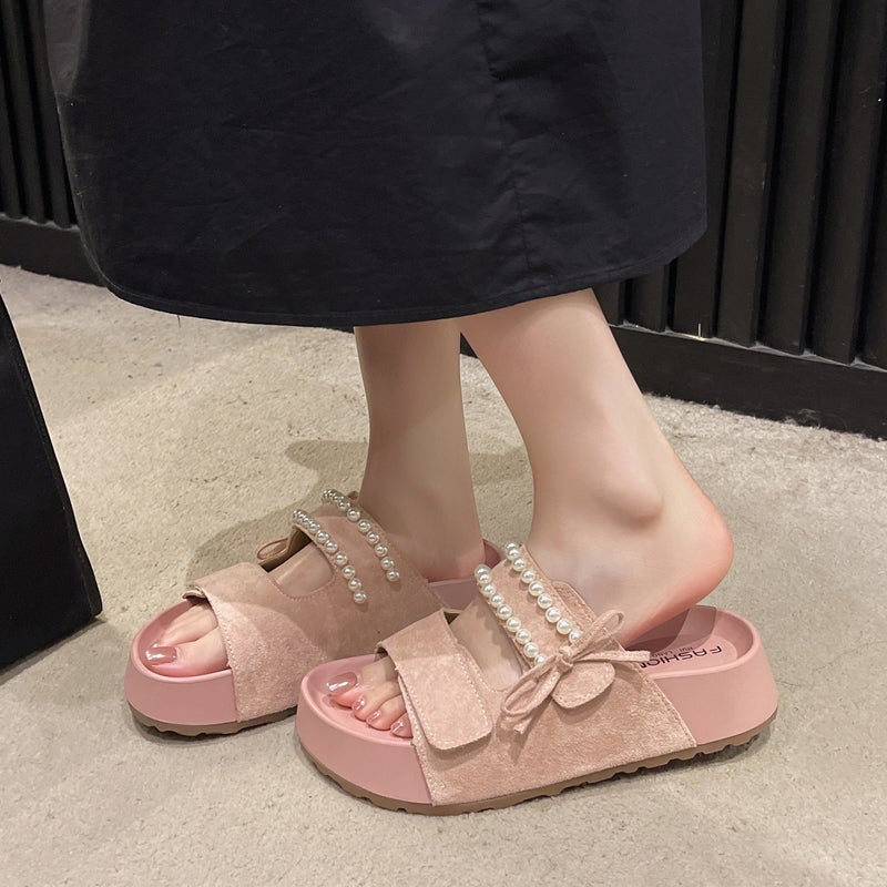 Sweet 2025 Bow Mule Shoes with Pearl Design, Toe-Cap Half Slippers, New European Style Lazy Shoes for Outer Wear - Image 1
