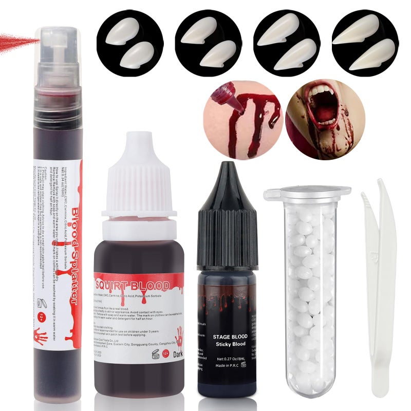 Mysense Fake Blood and Vampire Fangs Teeth Makeup Kit 1 Fake Blood Spray 1 Liquid Squirt Blood 1 Sticky Stage Blood and 4 Sizes Fake Teeth for Halloween Cosplay SFX Makeup