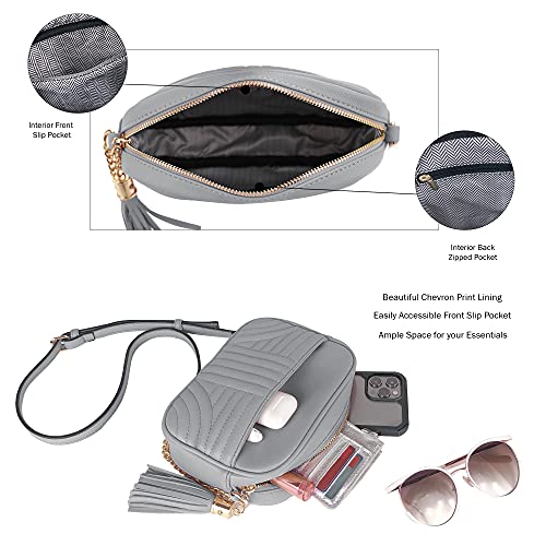 EVVE Quilted Crossbody Bags for Women - Stylish Camera Bag with Tassel - Lightweight Medium Size Shoulder Purse | Light Grey - Image 3