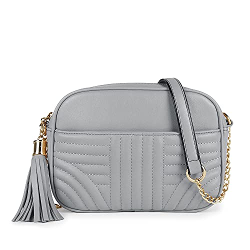 EVVE Quilted Crossbody Bags for Women - Stylish Camera Bag with Tassel - Lightweight Medium Size Shoulder Purse | Light Grey - Image 1