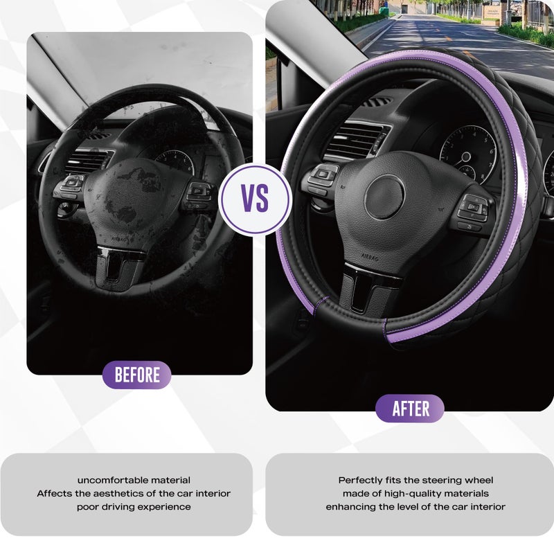 Road Comforts Leather Steering Wheel Cover â€“ Black & Purple, Universal Fit 14.5-15 Inch, Microfiber Leather, Anti-Slip & Breathable Design for Men and Women - Image 3