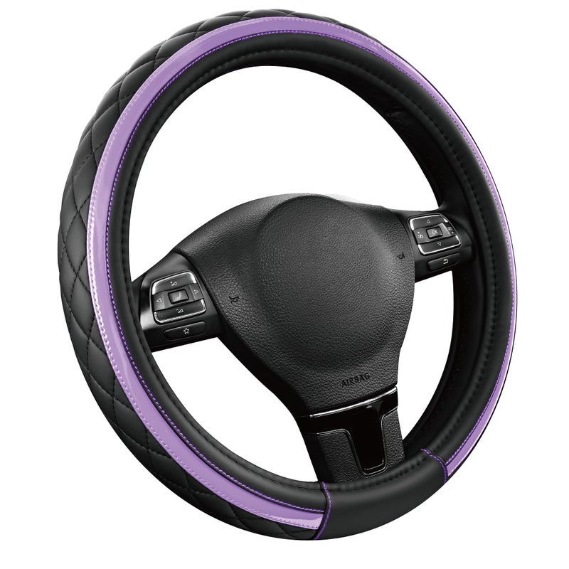 Road Comforts Leather Steering Wheel Cover â€“ Black & Purple, Universal Fit 14.5-15 Inch, Microfiber Leather, Anti-Slip & Breathable Design for Men and Women - Image 2