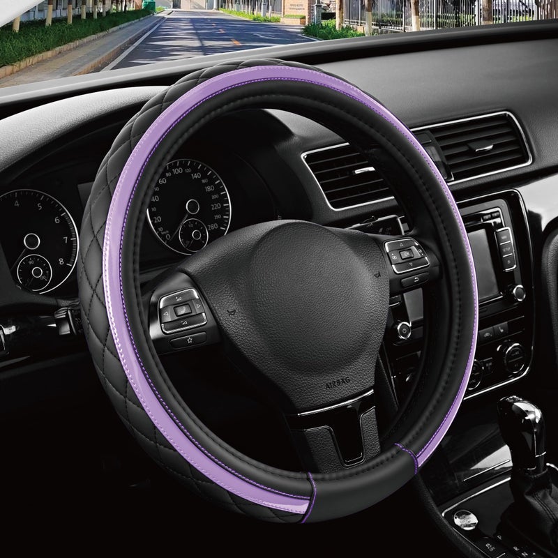 Road Comforts Leather Steering Wheel Cover â€“ Black & Purple, Universal Fit 14.5-15 Inch, Microfiber Leather, Anti-Slip & Breathable Design for Men and Women - Image 1