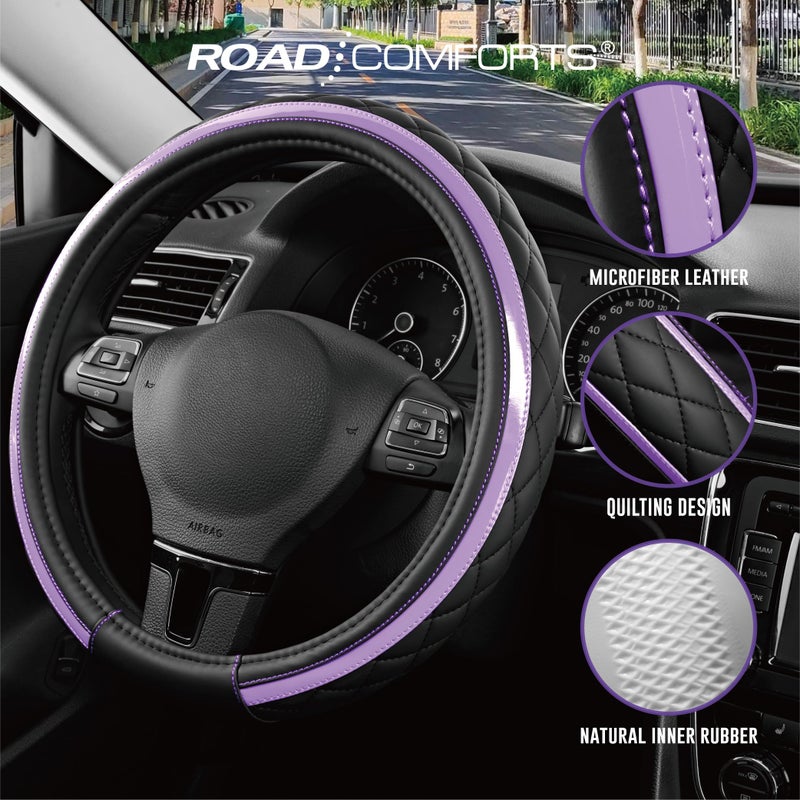 Road Comforts Leather Steering Wheel Cover â€“ Black & Purple, Universal Fit 14.5-15 Inch, Microfiber Leather, Anti-Slip & Breathable Design for Men and Women - Image 4
