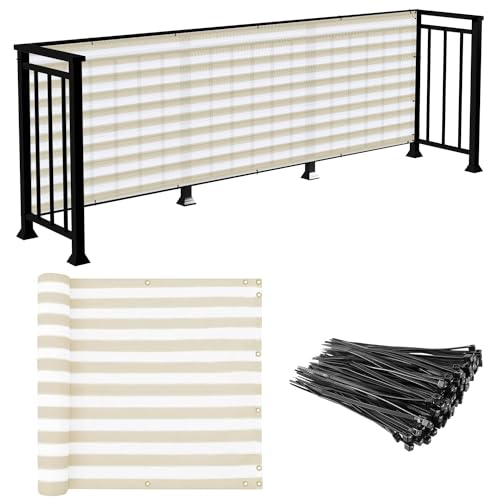 EK E&K Sunrise 3' x 25' Balcony Privacy Fence Screen Cover with Zip Ties Outdoor Screen Fence UV Protection for Deck Patio Backyard Apartment Pool Porch (Beige White Strip) - Image 1