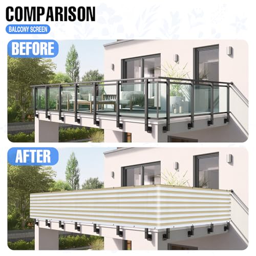 EK E&K Sunrise 3' x 25' Balcony Privacy Fence Screen Cover with Zip Ties Outdoor Screen Fence UV Protection for Deck Patio Backyard Apartment Pool Porch (Beige White Strip) - Image 3