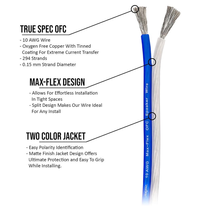 Skar Audio 10 Gauge Elite Oxygen-Free Copper Speaker Wire - 30 Feet (Blue/White) - Image 4