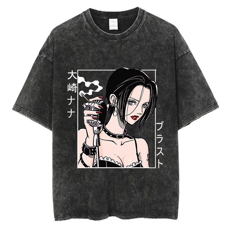 New Vintage American Style Streetwear Cotton T-Shirt Short Sleeves Cartoon Anime Old NANA Washing Printing Harajuku Clothing 3 vintage black 