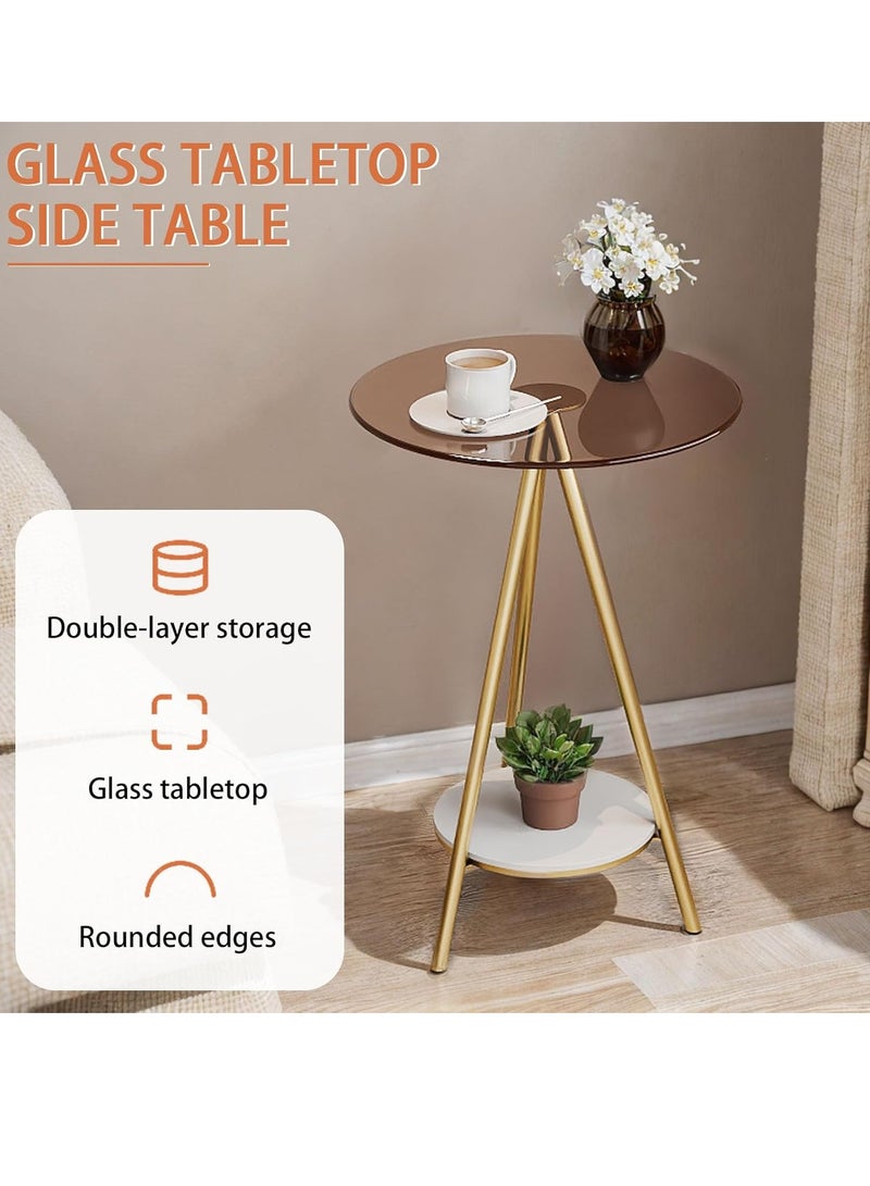 Beauenty Glass Coffee Table,2-Tier Circle Side Table,with Storage Shelf,Round Glass End Table,Modern Sofa Table,for Small Space, Bedroom,Living Room(40 * 40 * 59cm) (Gold) - Image 4