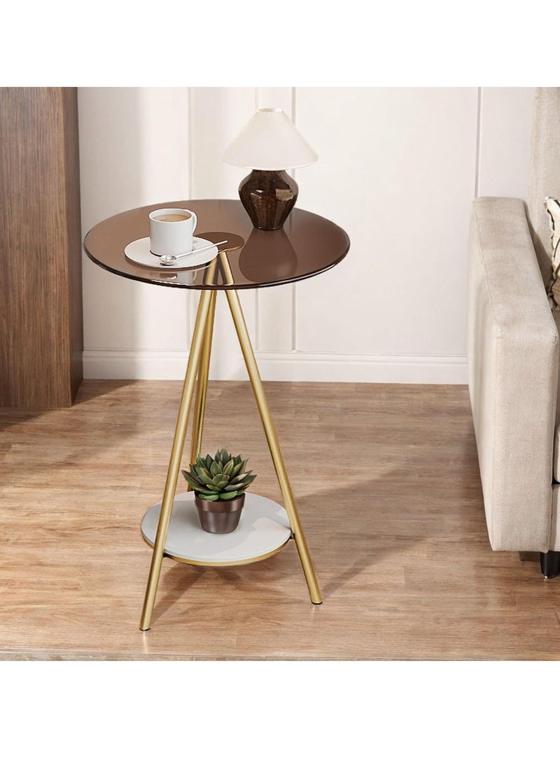 Beauenty Glass Coffee Table,2-Tier Circle Side Table,with Storage Shelf,Round Glass End Table,Modern Sofa Table,for Small Space, Bedroom,Living Room(40 * 40 * 59cm) (Gold) - Image 2