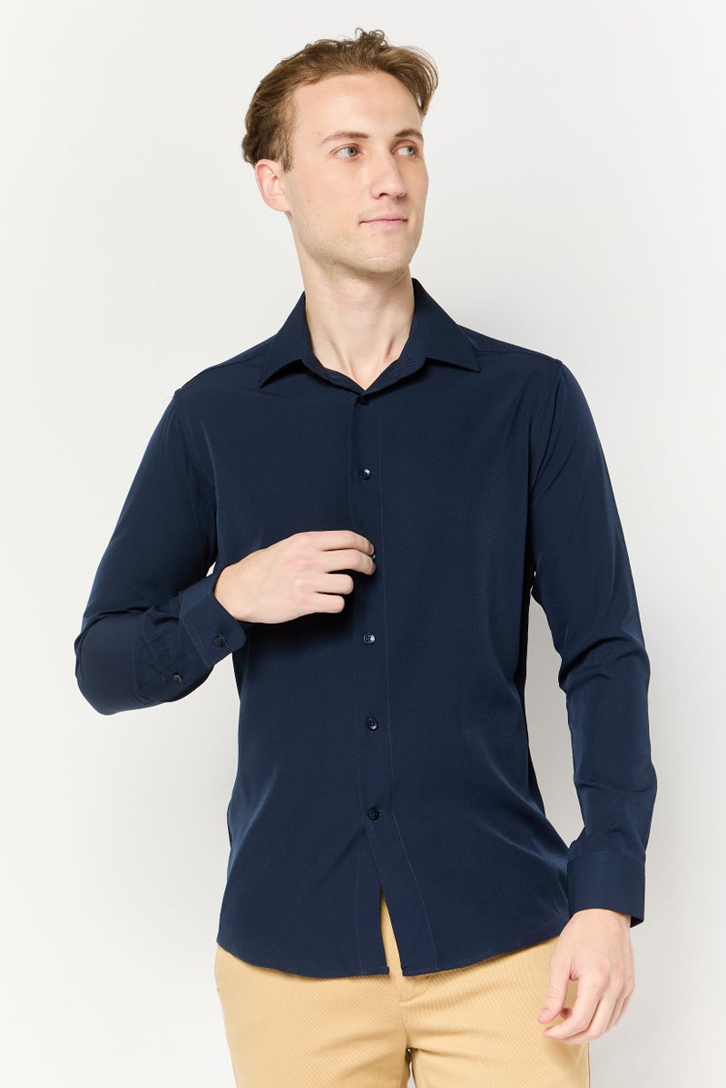 Scotch & Soda Men Modern Fit Solid Long Sleeve Dress Shirt, Navy - Image 1