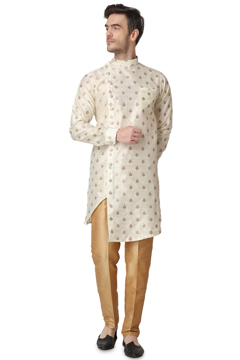Royal Kurta Men's Silk Printed Kurta and Churidar Pyjama Set (38, Gold) - Image 1