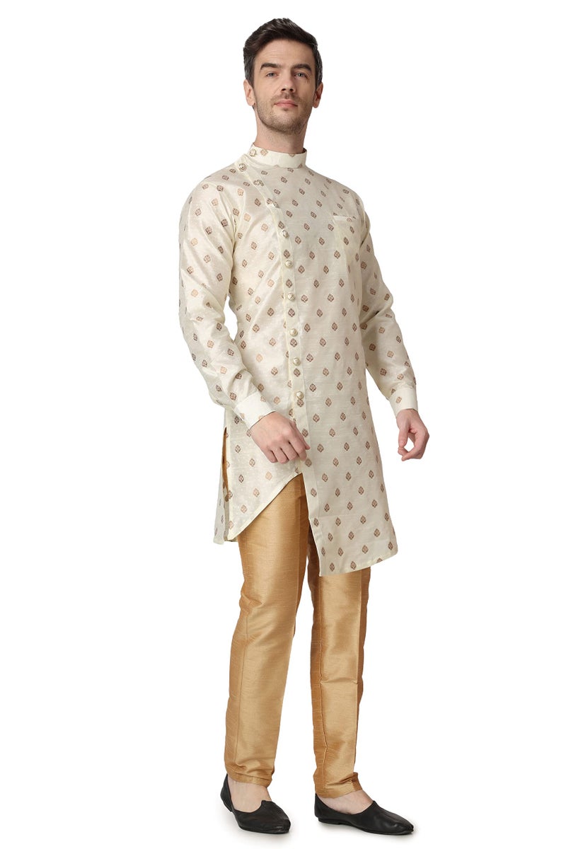 Royal Kurta Men's Silk Printed Kurta and Churidar Pyjama Set (38, Gold) - Image 4