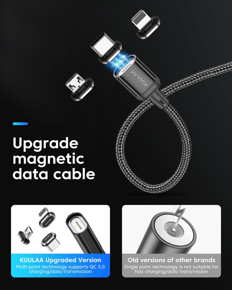 Kuulaa 3Pack Magnetic Charging Cable Magnetic Lightning Cable Magnetic Phone Charger 3A Fast Charging with 3 in 1 Charging Tips Nylon-Braided Phone Cable Compatible for iProduct/Type C/Micro Device - Image 5