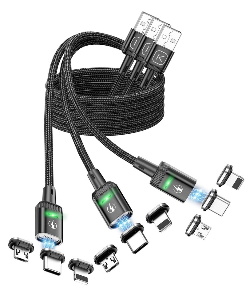 Kuulaa 3Pack Magnetic Charging Cable Magnetic Lightning Cable Magnetic Phone Charger 3A Fast Charging with 3 in 1 Charging Tips Nylon-Braided Phone Cable Compatible for iProduct/Type C/Micro Device - Image 1