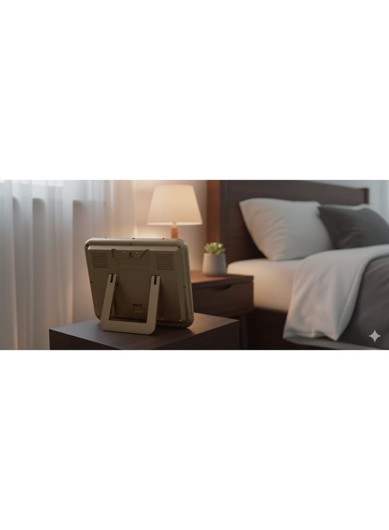 AL-HARAMEEN Al Harameen Luxury Digital LCD Azan Table Clock With Qibla Direction Prayer Reminder Muslim Gift For Home Office Gold White HA-7021 - Image 3