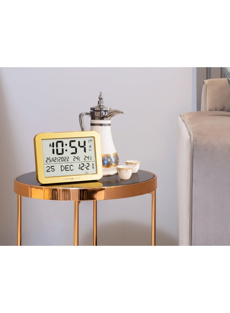 AL-HARAMEEN Al Harameen Luxury Digital LCD Azan Table Clock With Qibla Direction Prayer Reminder Muslim Gift For Home Office Gold White HA-7021 - Image 4