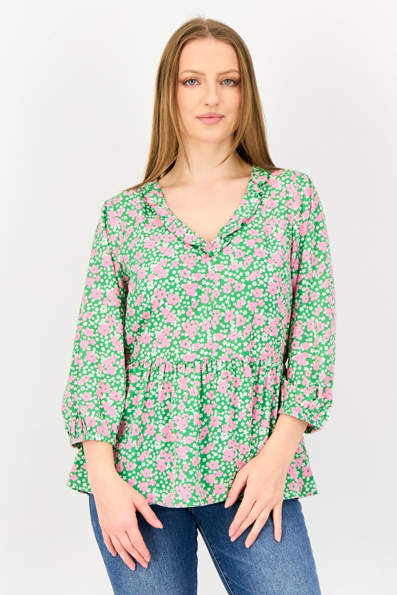 VERO MODA بلوزة نسائية بأكمام طويلة مزينة بطبعة زهور من فيرو مودا، متعددة الألوان، ذات ياقة على شكل V - Image 1