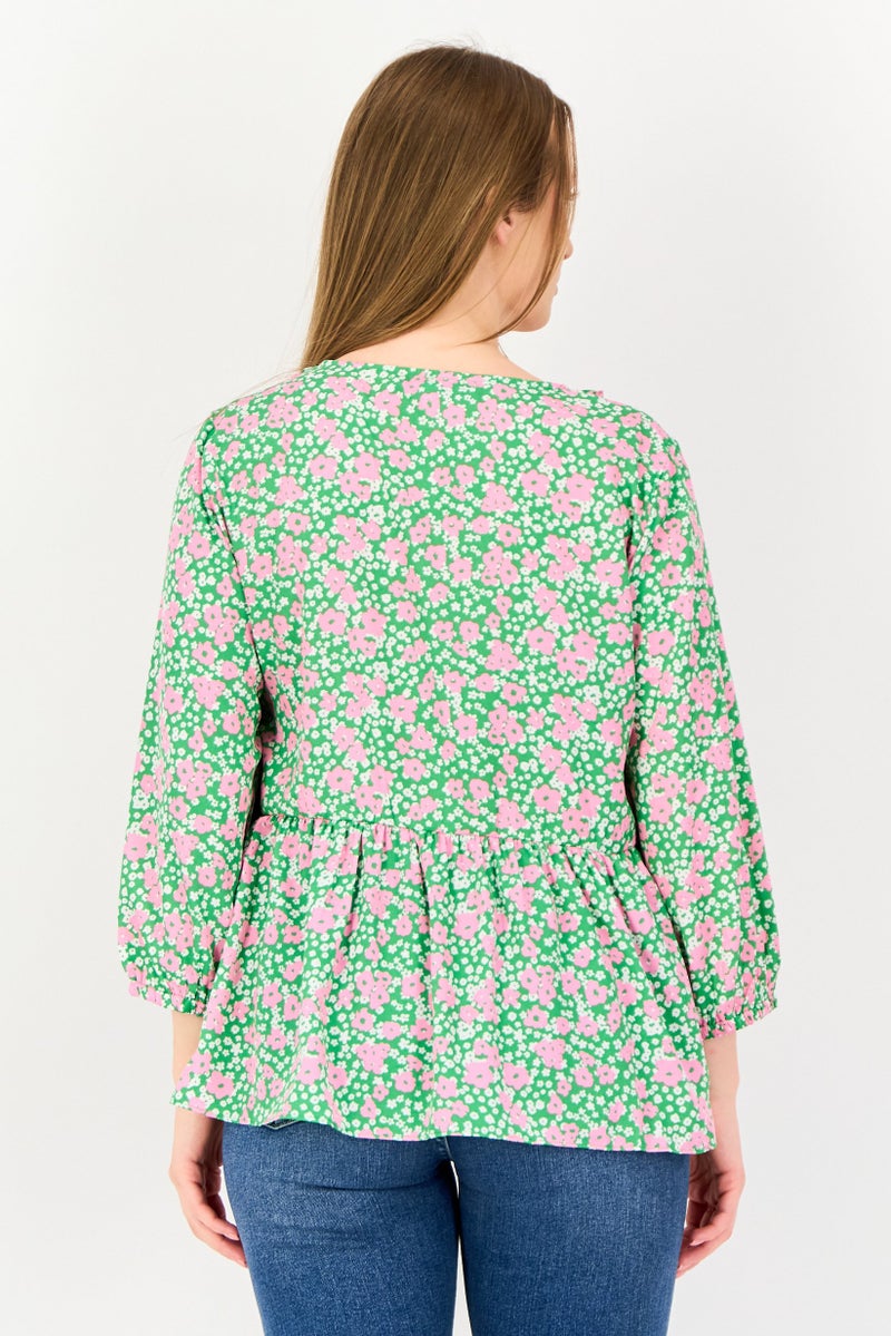 VERO MODA بلوزة نسائية بأكمام طويلة مزينة بطبعة زهور من فيرو مودا، متعددة الألوان، ذات ياقة على شكل V - Image 3