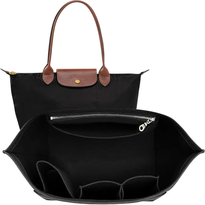 Doxo Purse Organizer Insert for Longchamp Le Pliage Tote, Large Bag Organizer with 8 Compartments, YKK Zipper Pocket Cup Holder, Handbag Shaper for Women, Fits Original/Green/Energy L Tote (Black, WL) - Image 1