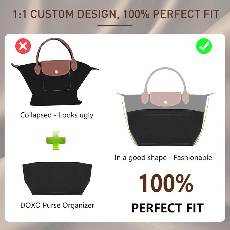 Doxo Purse Organizer Insert for Longchamp Le Pliage Tote, Large Bag Organizer with 8 Compartments, YKK Zipper Pocket Cup Holder, Handbag Shaper for Women, Fits Original/Green/Energy L Tote (Black, WL) - Image 3