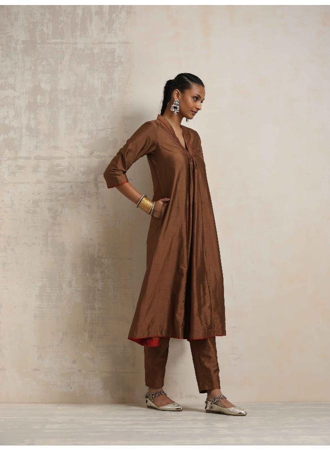 trueBrowns Brown Silk Kurta Set - Image 3