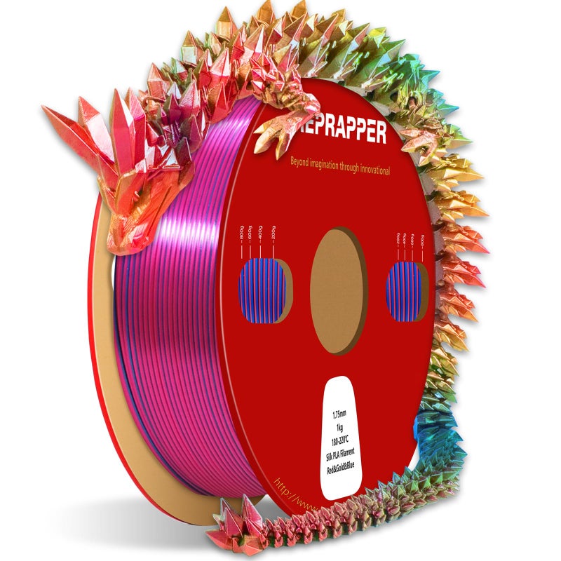 Reprapper Triple Color Filament Coextrusion PLA Filament 1.75mm for 3D Printer, Multicolor Like Dual Color Rainbow PLA, 2.2lbs (1kg), Silk PLA Red/Gold/Blue - Image 1